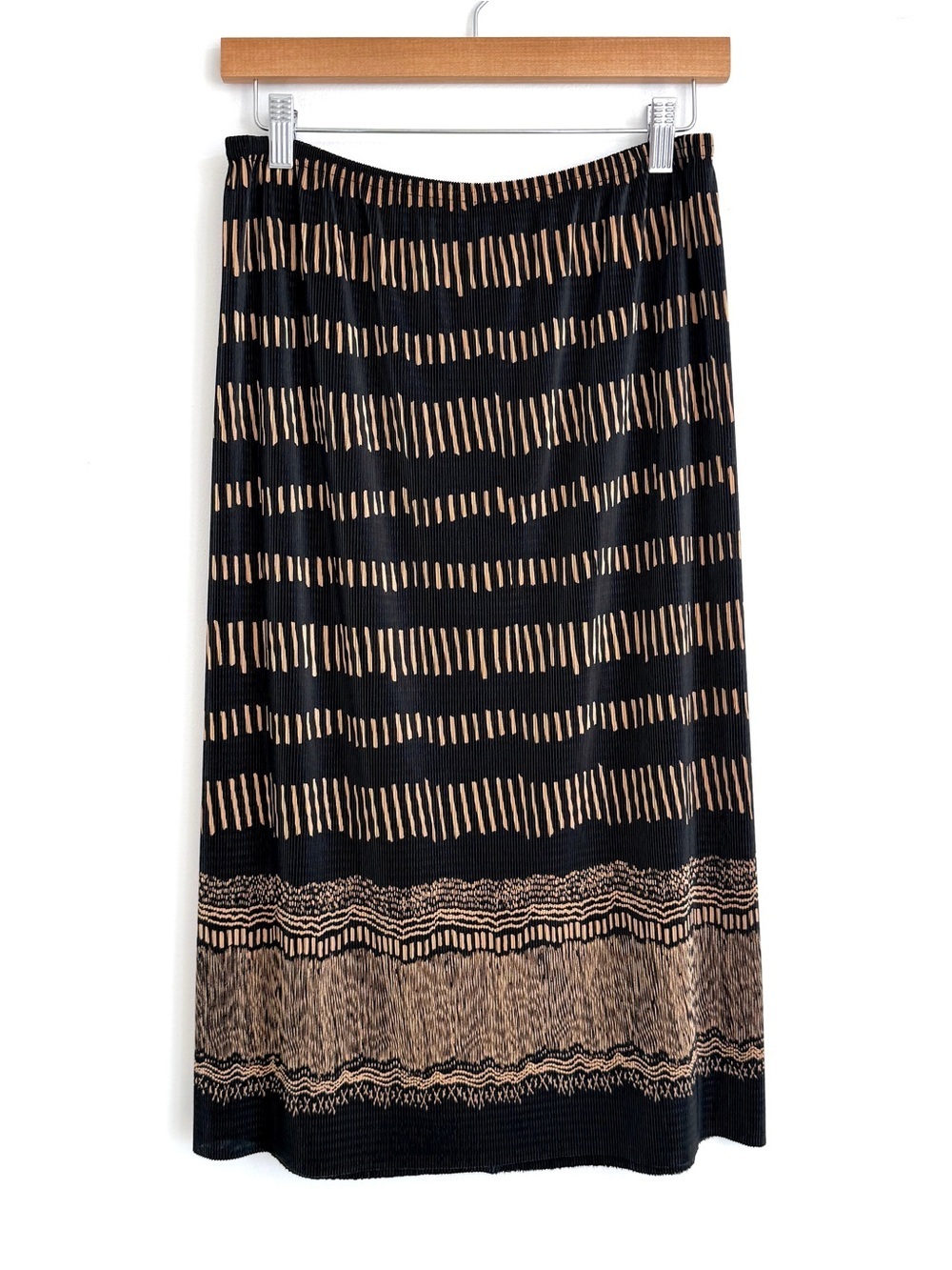 Vintage Carroll Reed Black Gold Pleated Midi Skirt Womens Size Medium 90s